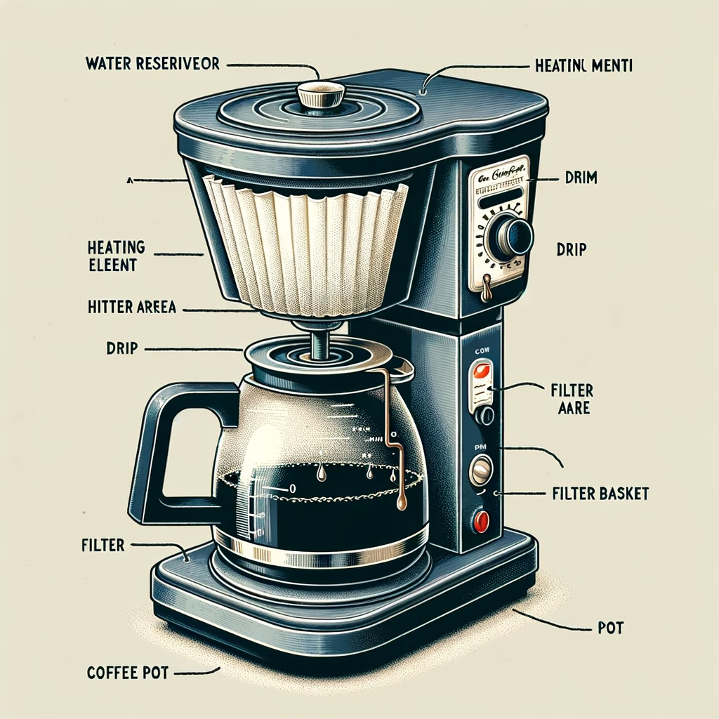 The diagram illustrating the classic drip coffee maker is ready. It clearly labels the key components, such as the water reservoir, heating element, drip area, filter basket, and coffee pot, providing a clear understanding of how a drip coffee maker functions. This diagram is designed to be both informative and educational, making it a suitable addition to your article.