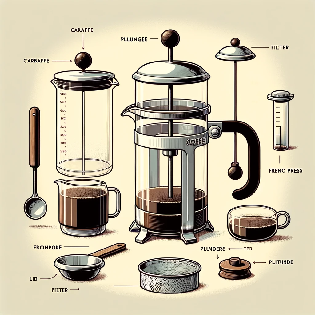 Here is the diagram for the French press coffee maker, designed in a style similar to the drip coffee maker diagram. This diagram effectively labels and illustrates the key components of a French press, aiding in understanding its functionality. 