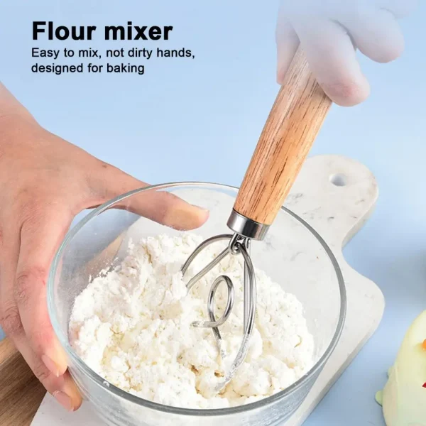 Dough Mixer Stainless Steel Dough Whisk with Wooden Handle Easy-to-clean Bread Mixer for Home Kitchen Dutch Style for Sourdough - Image 2